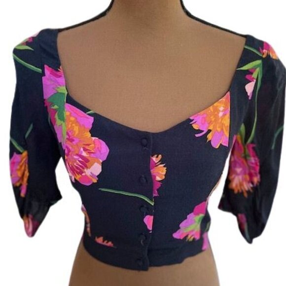 ZARA TRF Collection Button Front Cropped Blouse in Black with Pink Florals - Picture 2 of 6